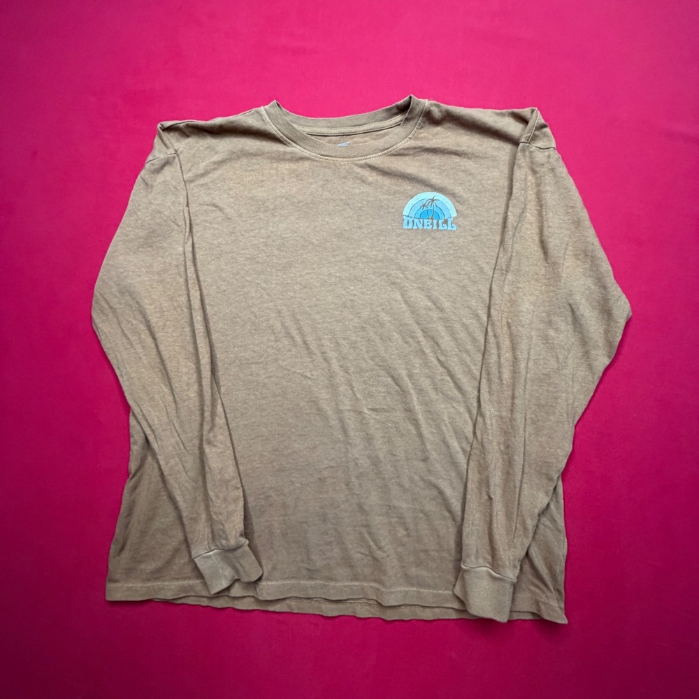 ONeill Surf Co Mens Tan Long Sleeve Graphic T-Shirt Retro Rainbow Palm Tree M